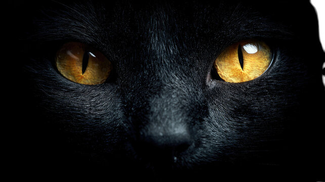 Black cat face in the dark with glowing yellow eyes mysterious animal portrait night predator isolated on white background - Powered by Adobe