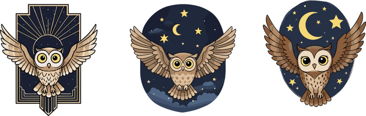 Mystical owl illustration set with night sky, flying owl with moon and stars, fantasy owl tattoo, vector