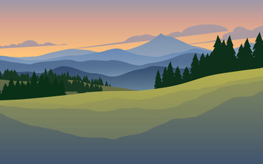 Countryside sunset scenery with mountains