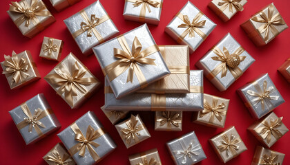 Top View Flat Lay of Luxurious Gold and Silver Gift Boxes with Ribbon on Vibrant Red Background