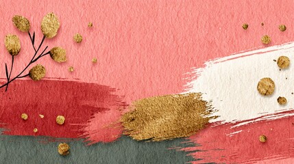 Pink Textured Background with Gold Foil Brush Strokes and Botanical Accents for Greeting Cards, Wedding Invitations, and Social Media Templates