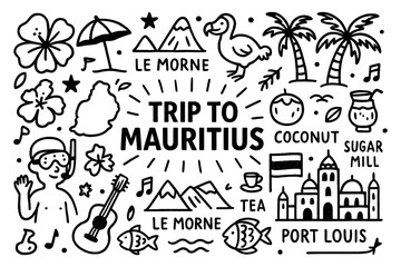 Mauritius culture doodle icons with landmarks, dodo bird, tropical food and beach lifestyle, Transparent Background © SenorPinky