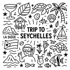 Seychelles culture doodle icons with islands, food, wildlife, flowers and traditional lifestyle, Transparent Background
