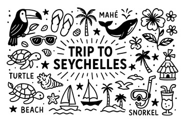 Seychelles culture doodle icons with islands, food, wildlife, flowers and traditional lifestyle, Transparent Background
