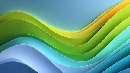 Vibrant 3D Paper Art Waves in Green Yellow Blue Gradient - Modern Minimalist Background for Web Design and Creative Projects