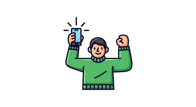 person celebrating success with phone a cartoon illustration perfect for tech blog posts or social media shoutouts showing achievement and joy