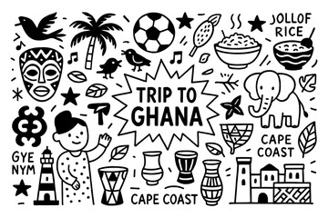 Ghana culture doodle icons with cocoa, castles, symbols, music and traditional lifestyle, Transparent Background