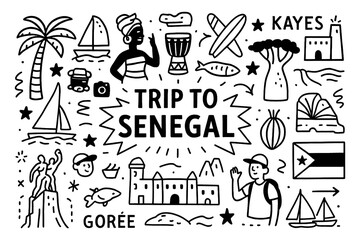 Senegal culture doodle icons with Gorée, food, music, baobab tree and traditional lifestyle, Transparent Background
