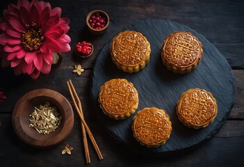 Delicious traditional Mid autumn dessert arrangement moon cake
