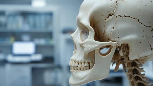 Human skull on analysis table in laboratory for medical research and study. Human skull bone - Phrenology, craniometry, neurology