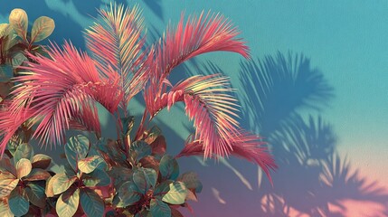 Vibrant Pink Palm Fronds and Tropical Green Foliage Against Teal-Pink Gradient Wall with Sunlit Leaf Shadows for Decorative Backgrounds and Interior Design