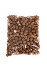 Transparent Plastic Bag Filled with Whole Hazelnuts Isolated on White Background. Organic Nuts, Healthy Snack, Food Packaging and Natural Ingredient Concept