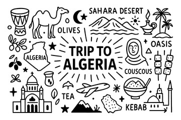 Algeria culture doodle icons with Sahara desert, food, landmarks and traditional lifestyle, Transparent Background