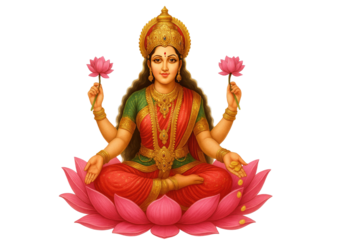 Divine Goddess Lakshmi seated on blooming lotus flower holding pink lotuses symbolizing wealth prosperity fortune and blessings isolated on white background