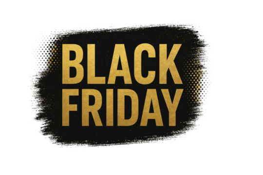 Golden Black Friday text on grunge brush stroke background promoting retail discounts, holiday shopping, and seasonal sales isolated on white background