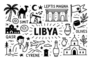 Libya culture doodle icons with landmarks, food, olives, desert life and traditional lifestyle, Transparent Background