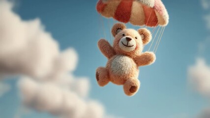 A fuzzy teddy bear floats gracefully beneath a pastel-colored parachute against a backdrop of a bright blue sky and fluffy clouds - Powered by Adobe