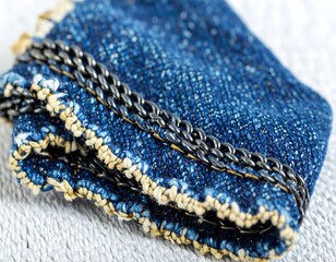 Close-up of folded denim fabric with frayed edges and metal chain