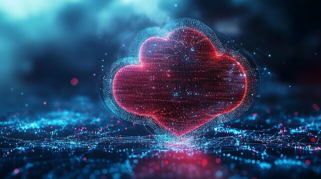 Abstract glowing red organic shape amidst digital blue particles