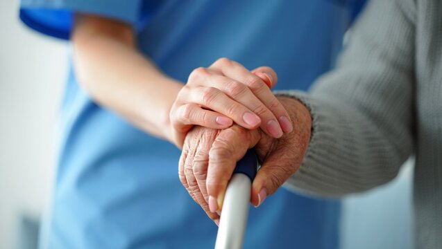 Caring hands of a medical professional gently guide and support an elderly person's hand on a walking cane, highlighting compassion and dedicated assistance in elder care