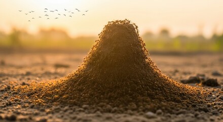 Close Up of a Termite Mound in Natural Soil During Sunset with Flying Insects in Background