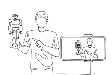 Single one line drawing a man holding robots and doing live streaming using a smartphone. Side job. Reviewing fancy robots. Live. National Streaming Day. Continuous line design graphic illustration
