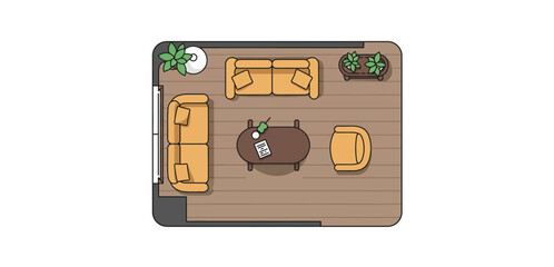 living room layout with furniture sofa chair table and plants on wood floor a cozy interior design concept for floor plan illustration