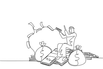 Single continuous line drawing an Arabian man sits on a pile of banknotes and throws banknotes. Smart work pays off. Maximum profit. Wealthy. Be a Millionaire Day. One line design vector illustration