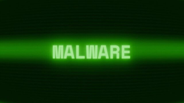 Old green CRT screen showing text MALWARE appearing in random glitch and coding style