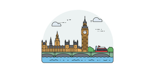 london skyline illustration featuring big ben and the houses of parliament a vibrant depiction of historic cityscape for travel blogs and cultural sites.