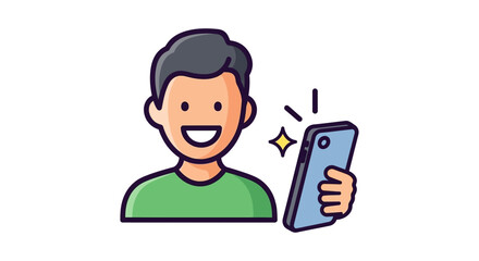 Man taking a selfie with a smartphone smiling broadly capturing a happy moment perfect for social media content showcasing positivity.