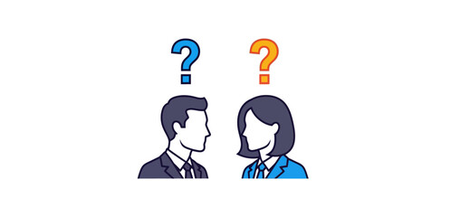 Man and woman looking at each other with question marks above symbolizing uncertainty in business communication and seeking solutions together