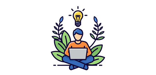Man using laptop with idea brainstorming new solutions in nature surrounded by greenery for creative projects and innovation in business