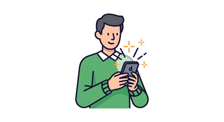 Man using mobile phone browsing online content with a smile at home indoors illustrating digital connectivity perfect for tech blog social media.