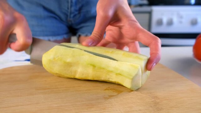 Chef woman hands cooking skillfully chopping cutting eggplant on cutting board. Culinary skills techniques, homemade prepare healthy meal, cook domestic food vegetable dish, cuisine, fresh ingredient.