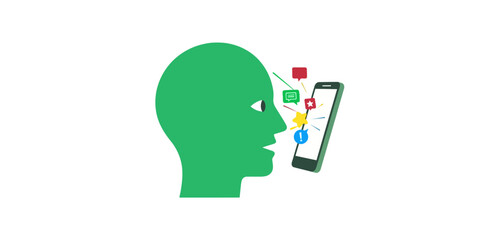 mobile phone addiction green silhouette of a person engrossed in a smartphone with social media notifications symbolizing digital dependency.