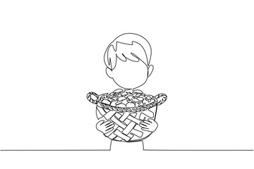Single continuous line drawing a boy holding a wicker basket filled with strawberries. Happy during harvest season. Healthy. Sweet. National Pick Strawberries Day. One line design vector illustration