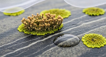 Close Up of Green and Brown Moss Growing on Dark Surface with Water Droplet