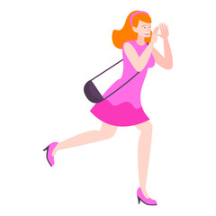Excited woman in pink dress running with a purse, isolated on white background