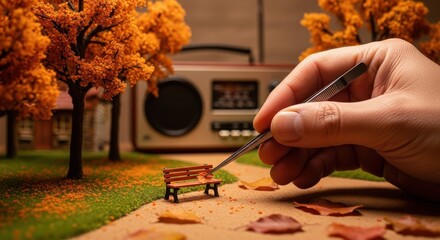 Miniature Park Scene with Hand Using Tweezers to Place Leaf in Autumn Setting