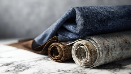 Rolled fabrics blue, brown, & gray, on marble surface