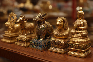 Golden zodiac figurines showcase intricate craftsmanship in warm display