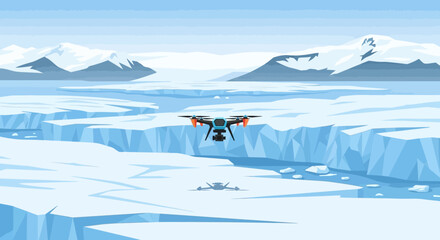 Fototapeta premium Advanced drone flying over icy landscape for exploration and surveillance.