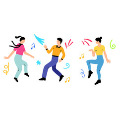 People dancing and celebrating with music notes and confetti, joyful expression