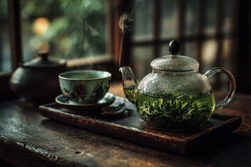Green Tea Brewing In A Clear Glass Teapot On A Wooden Table