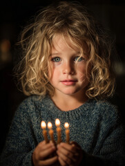 Child holding menorah with glowing candles in a warm, cozy setting
