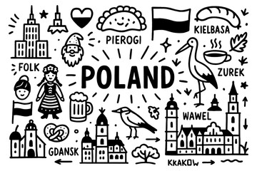Poland culture doodle icons with traditional food, landmarks, highlanders and national symbols, Transparent Background