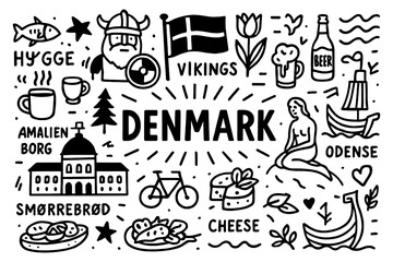 Denmark Culture Doodle Icons With