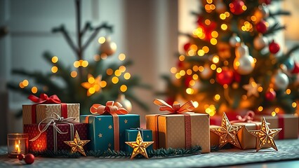 Festive holiday setup with decorated tree and gift boxes, evoking warmth and seasonal joy.