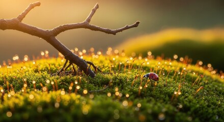 Close Up of Tiny Ladybug on Moss with Sparkling Dewdrops and Branch in Warm Sunset Light